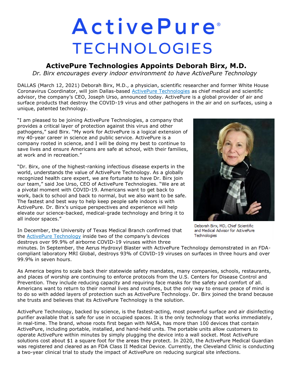 Activepure Technologies Appoints Deborah Birx, M.D. Dr