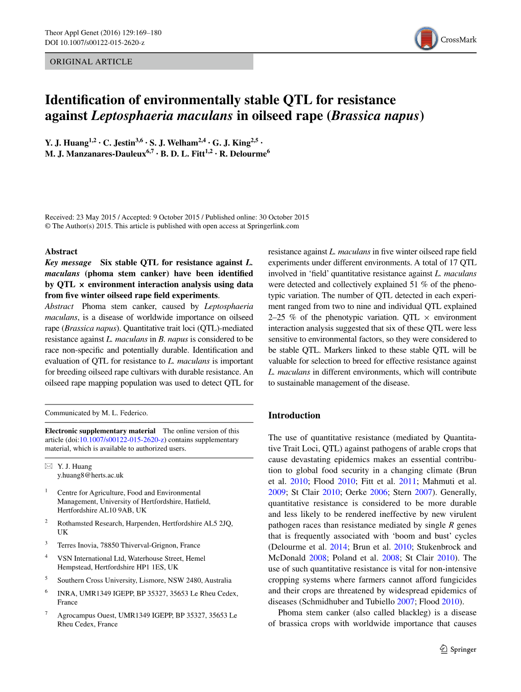 Identification of Environmentally Stable QTL for Resistance Against Leptosphaeria Maculans in Oilseed Rape (Brassica Napus)