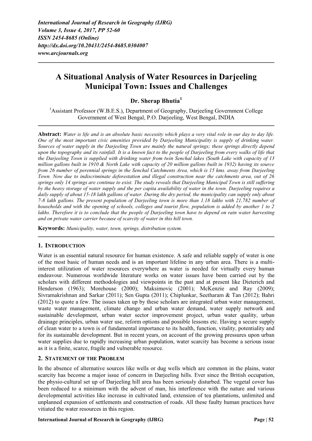 A Situational Analysis of Water Resources in Darjeeling Municipal Town: Issues and Challenges