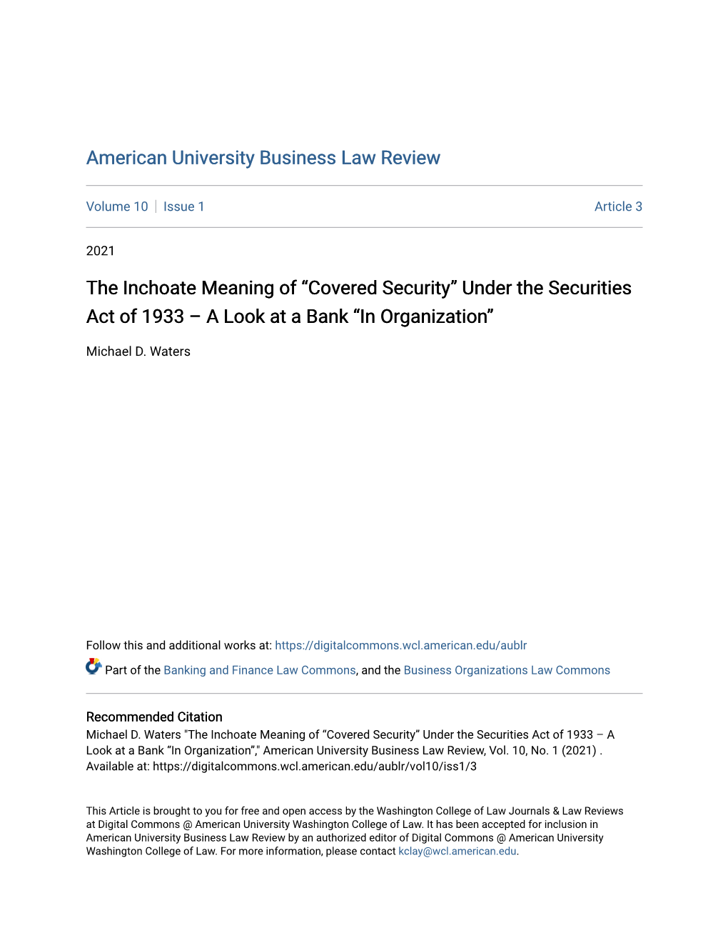 Covered Security” Under the Securities Act of 1933 – a Look at a Bank “In Organization”