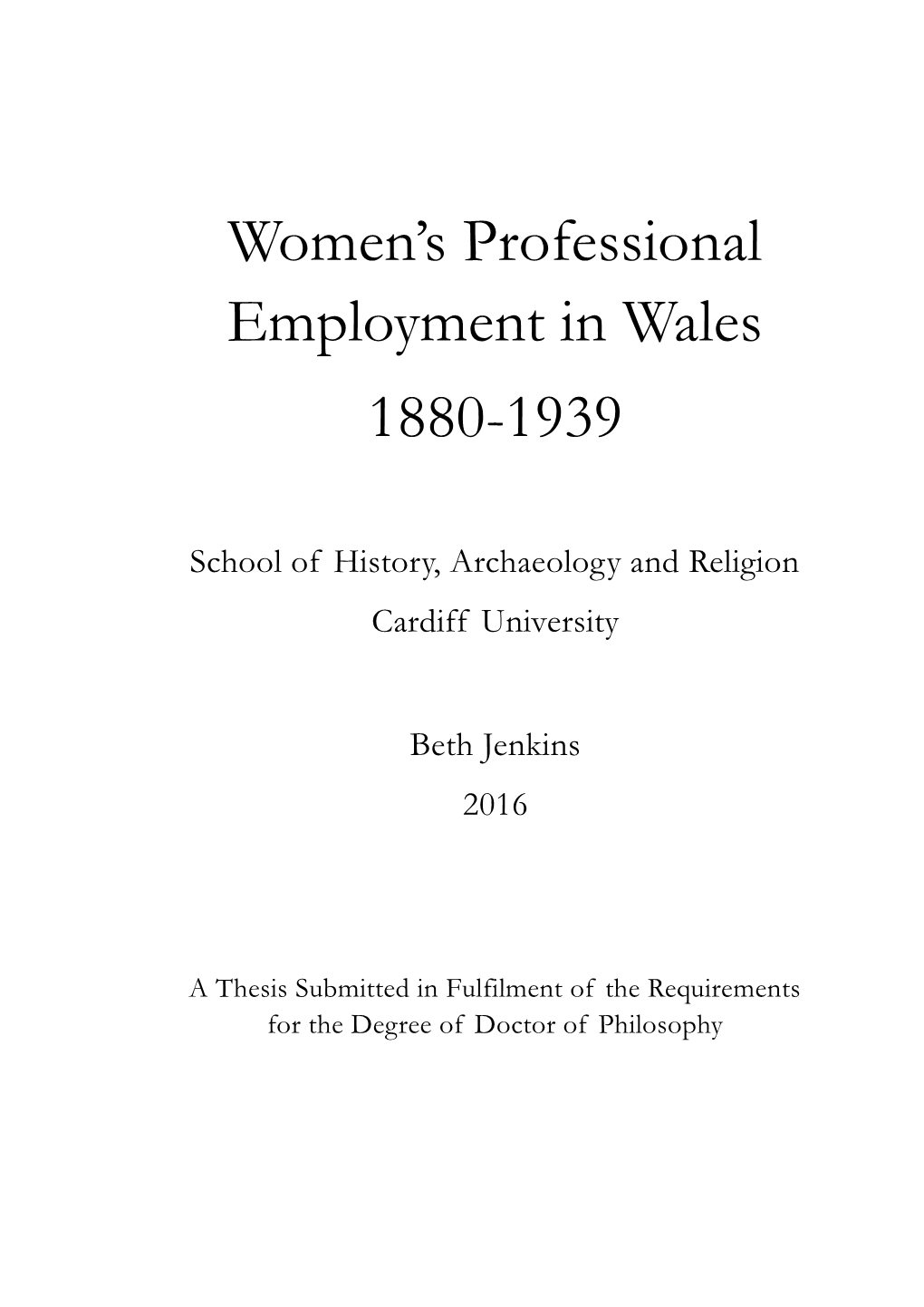 Women's Professional Employment in Wales 1880-1939