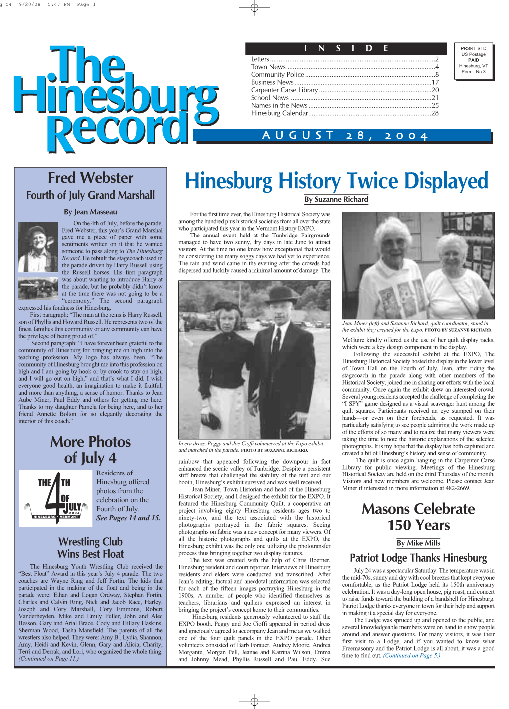 Hinesburg History Twice Displayed Fourth of July Grand Marshall by Suzanne Richard