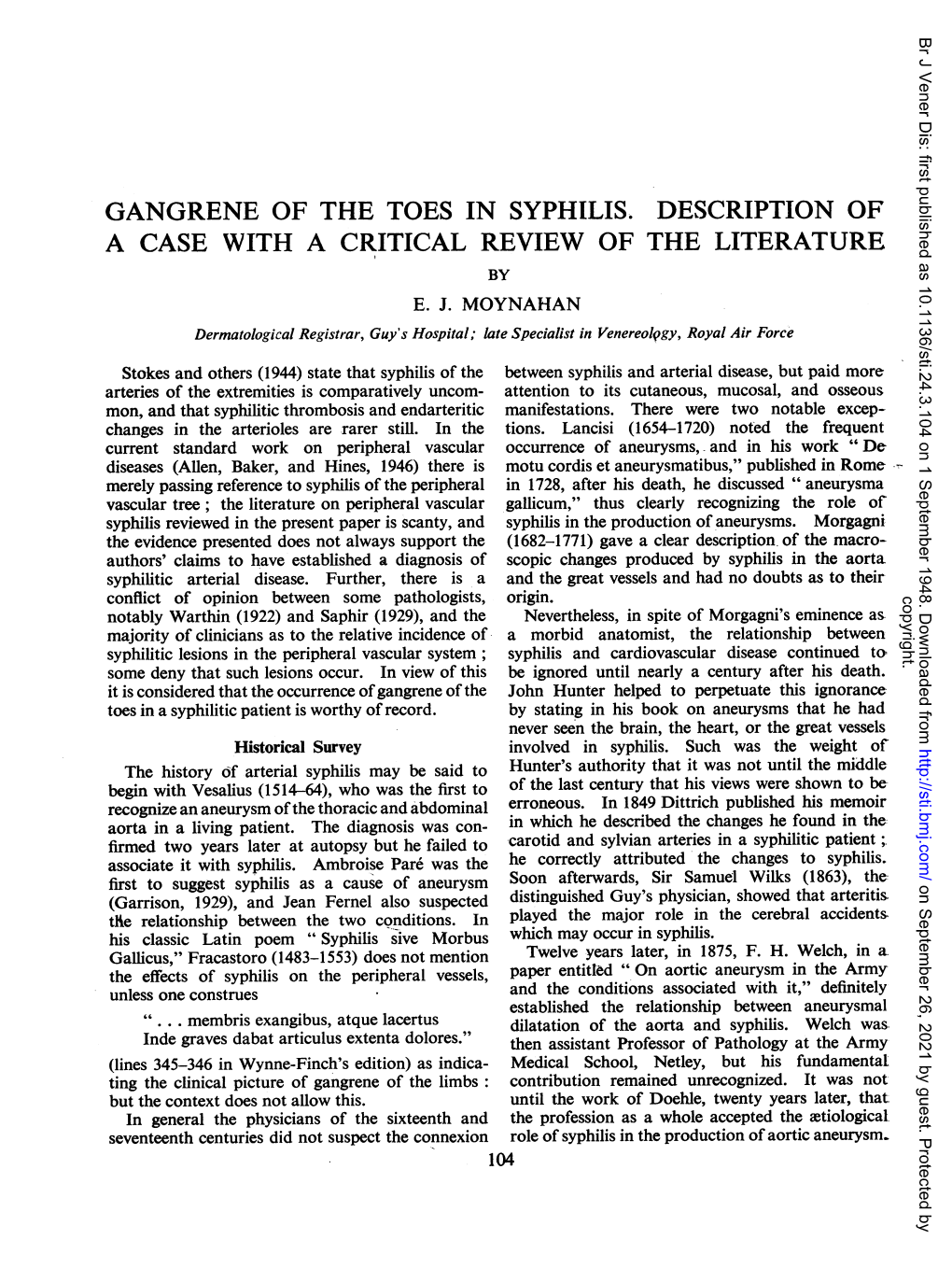 Gangrene of the Toes in Syphilis. Description of a Case with a Critical Review of the Literature by E