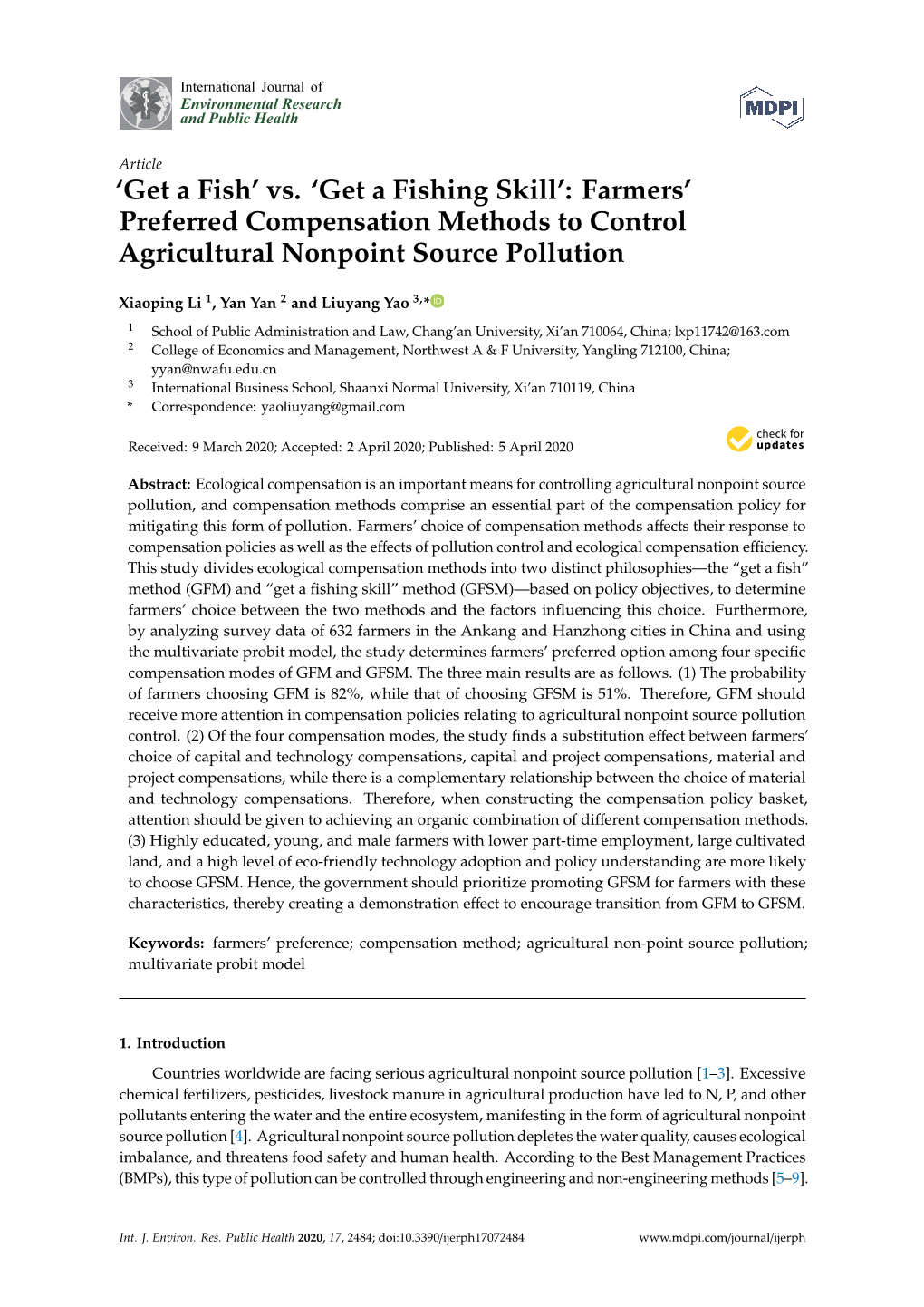 Farmers' Preferred Compensation Methods to Control Agricultural Nonpoint Sourc