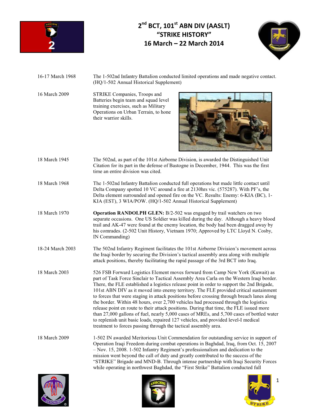2Nd BCT, 101St ABN DIV (AASLT) “STRIKE HISTORY” 16 March – 22 March 2014