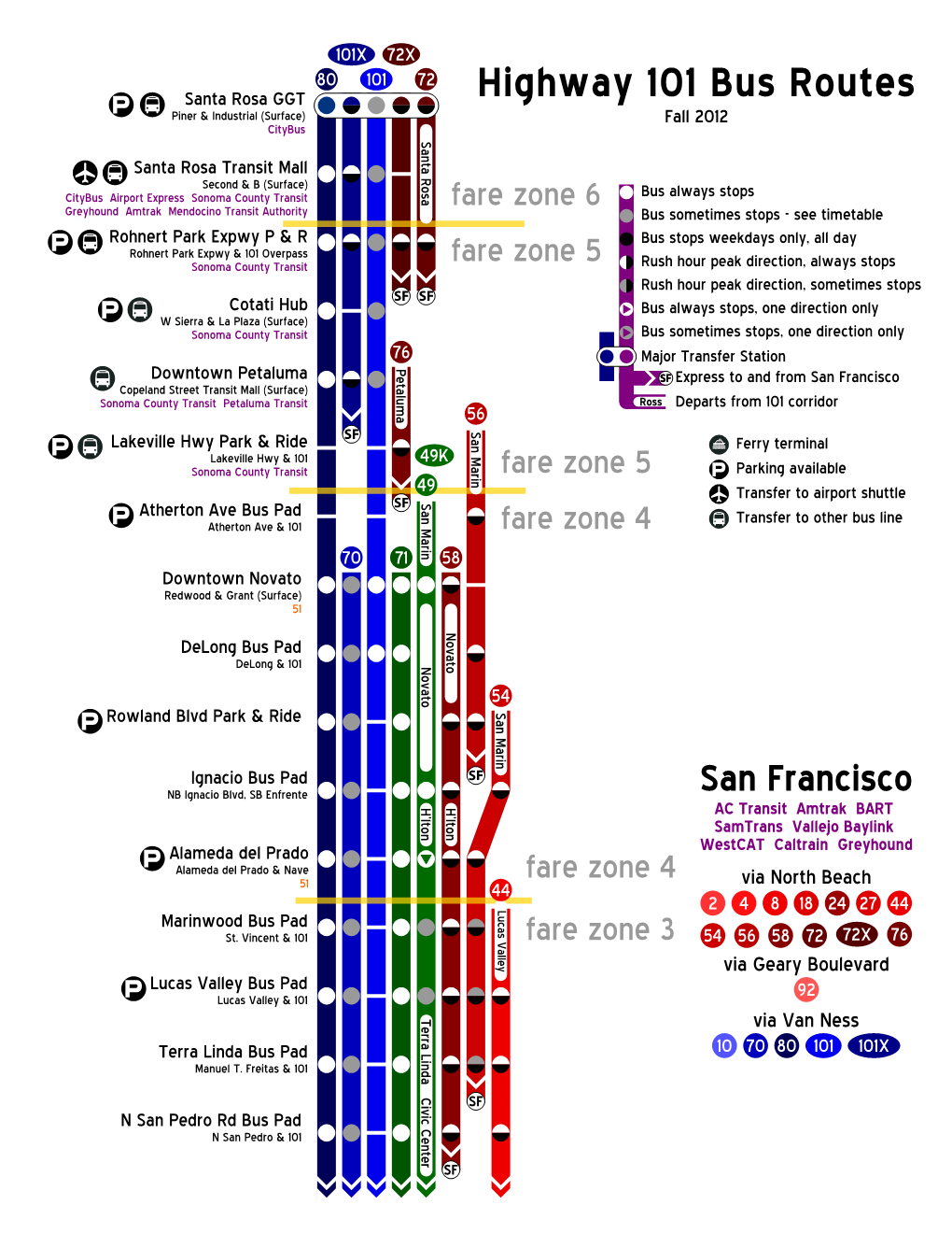 Highway 101 Bus Routes SF San Marin SF 56 Fare Zone 6 Fare Zone 5 Fare Zone