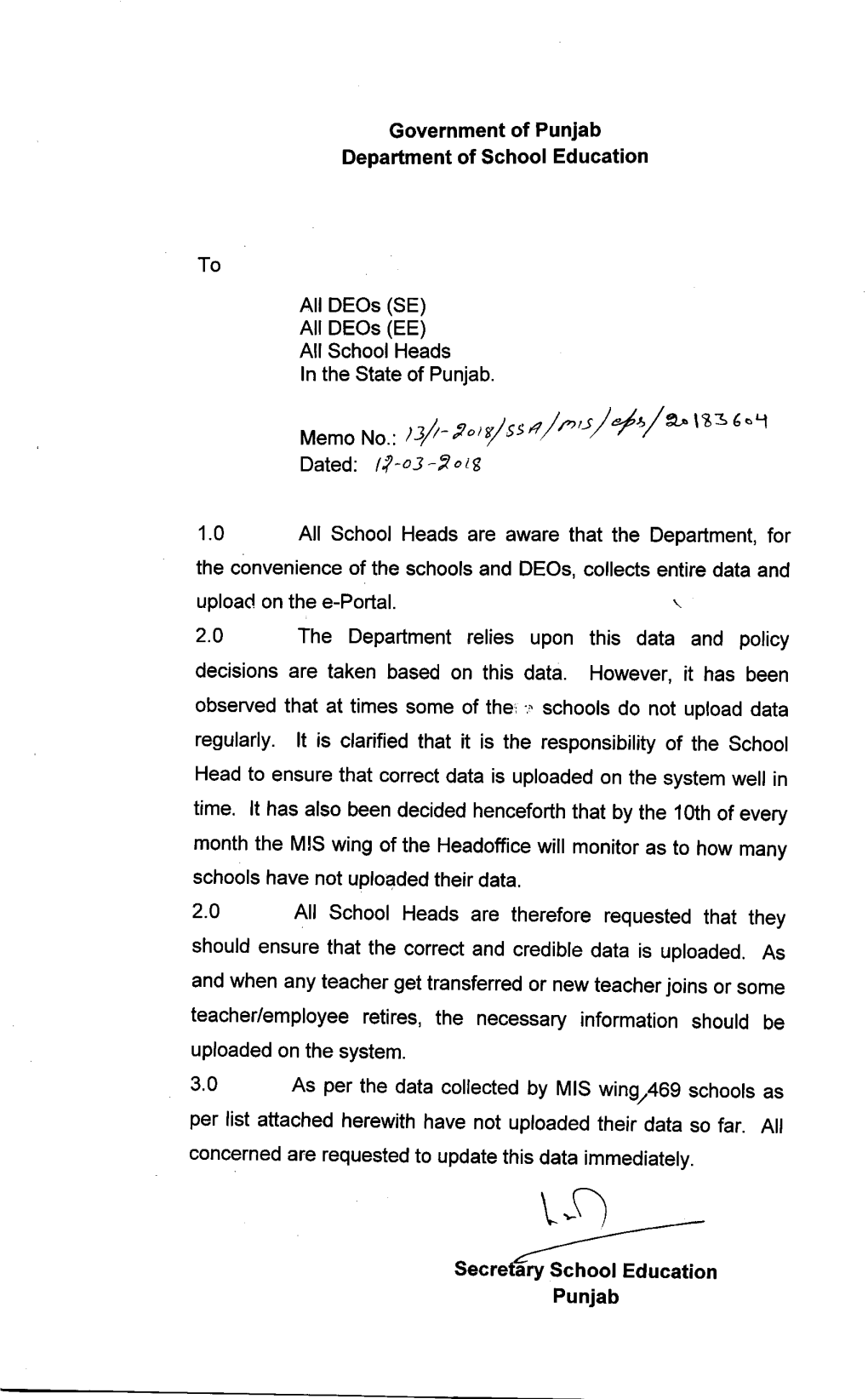 Upload on the E-Portal. \ 2.0 the Department Relies Upon This Data and Policy Decisions Are Taken Based on This Data