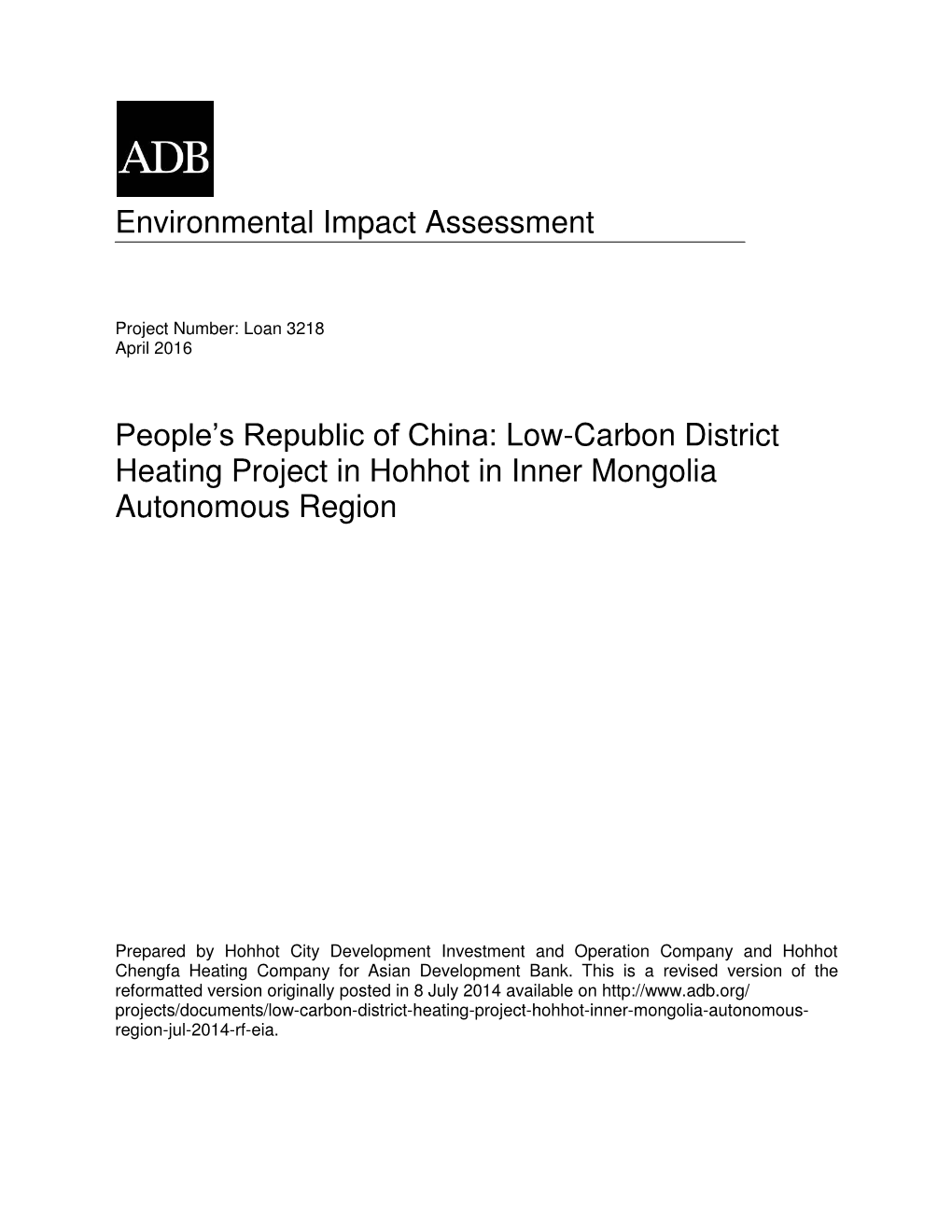 Low-Carbon District Heating Project in Hohhot in Inner Mongolia Autonomous Region