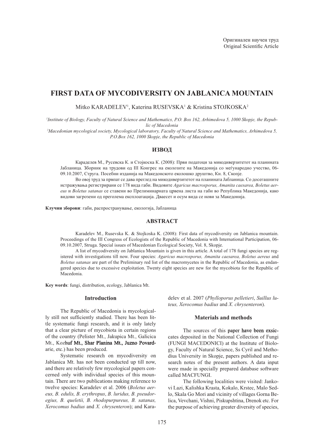 First Data of Mycodiversity on Jablanica Mountain