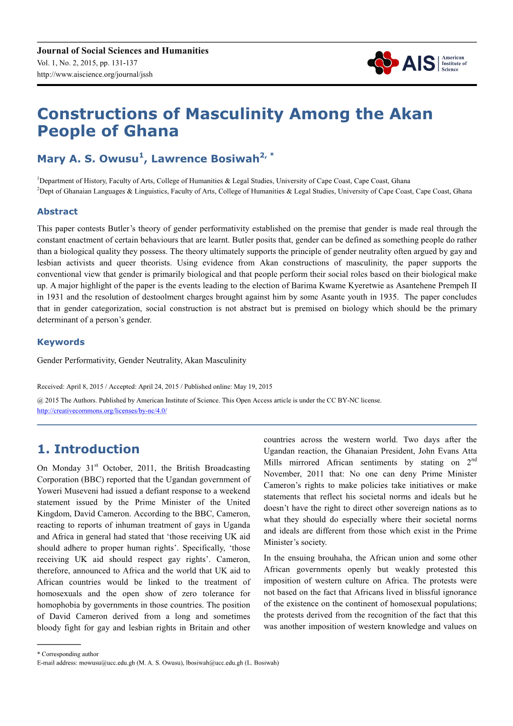 Constructions of Masculinity Among the Akan People of Ghana
