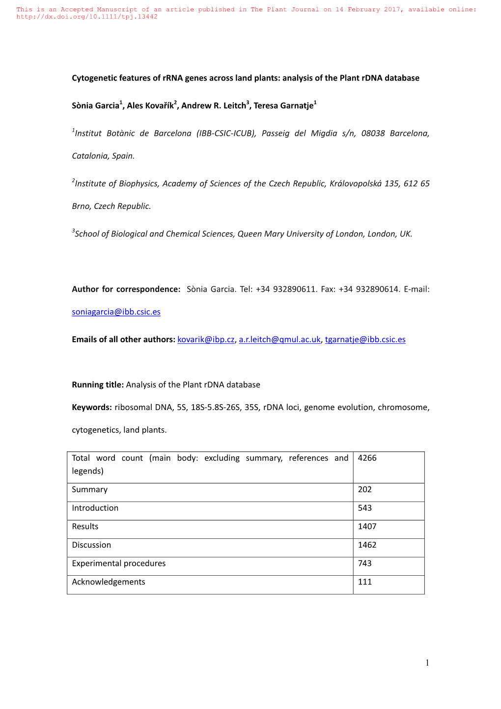 1 Cytogenetic Features of Rrna Genes Across Land Plants: Analysis of The