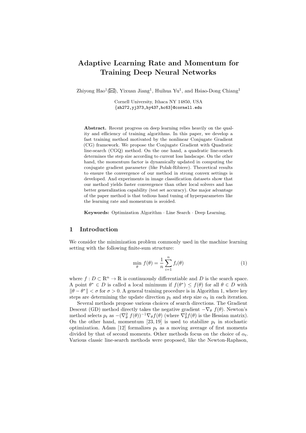 Adaptive Learning Rate and Momentum for Training Deep Neural Networks