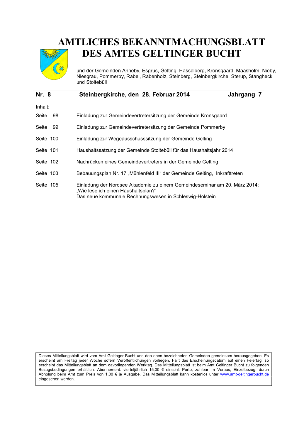 Amtliches Bekanntmachungsblatt Des Amtes Geltinger Bucht Nr. 08/2014 Vom 28.02.2014