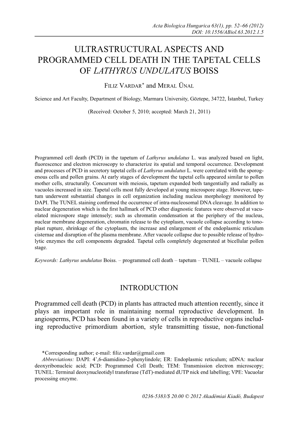 Ultrastructural Aspects and Programmed Cell Death in the Tapetal Cells of Lathyrus Undulatus Boiss