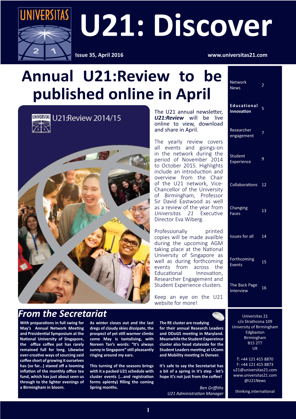 Annual U21:Review to Be Published Online in April