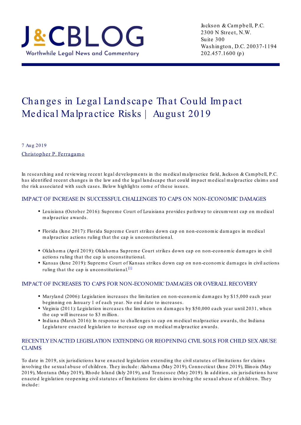Changes in Legal Landscape That Could Impact Medical Malpractice Risks | August 2019