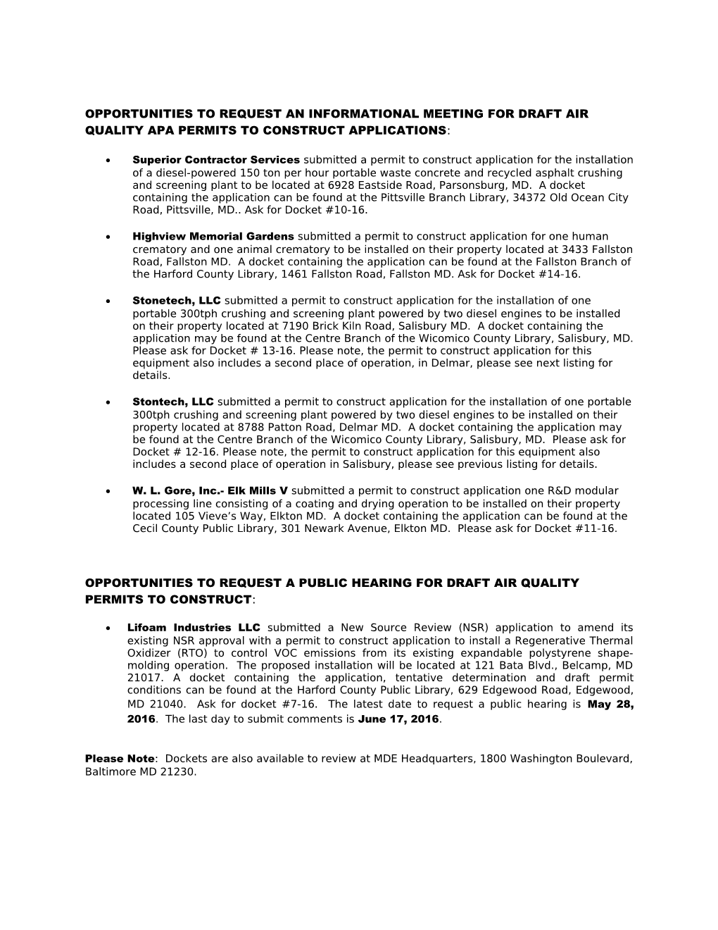 Opportunities to Request an Informational Meeting for DRAFT AIR QUALITY APA Permits To s1