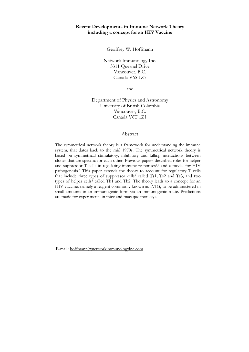 Recent Developments in Immune Network Theory Including a Concept for an HIV Vaccine