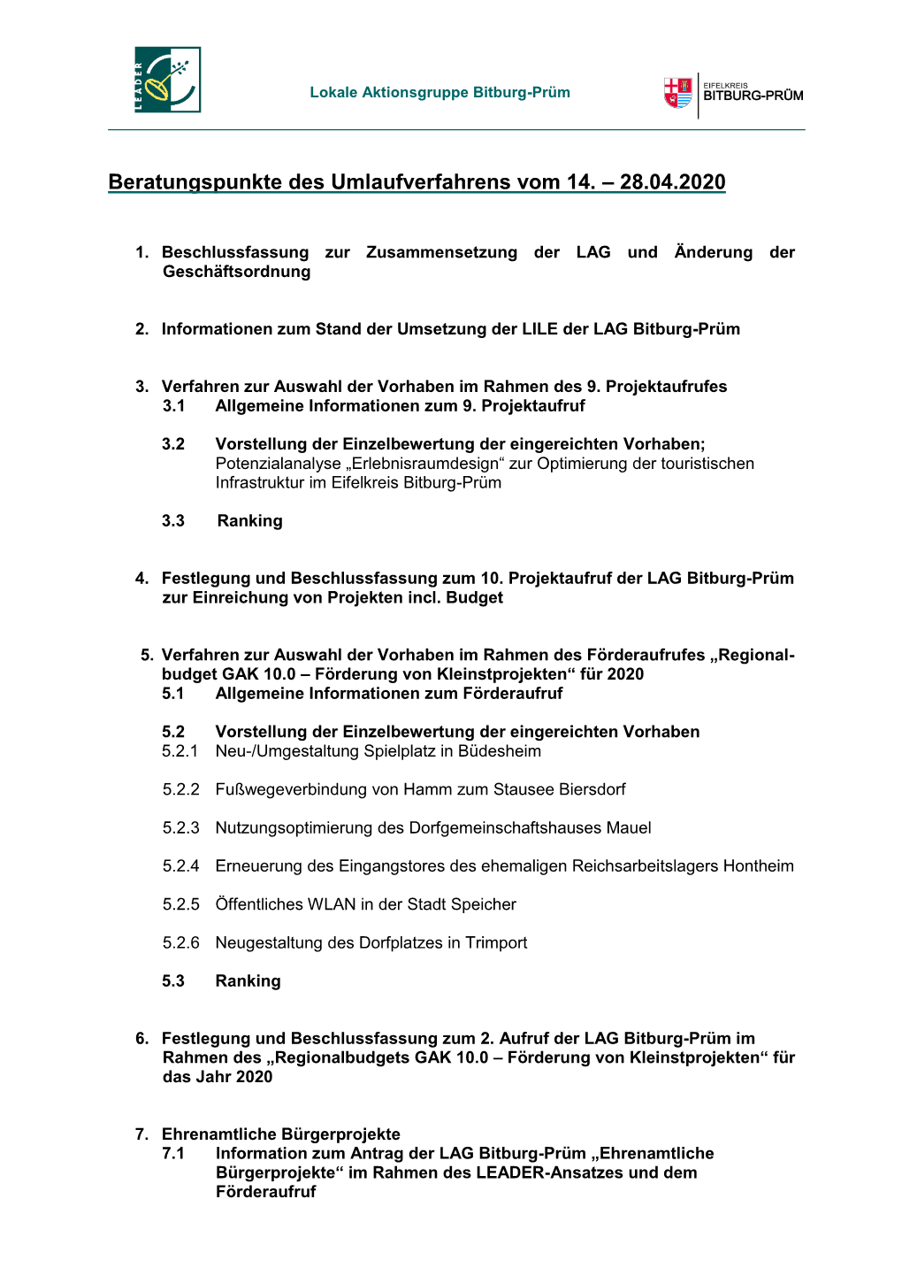 Beratungspunkte Des Umlaufverfahrens Vom 14. – 28.04.2020