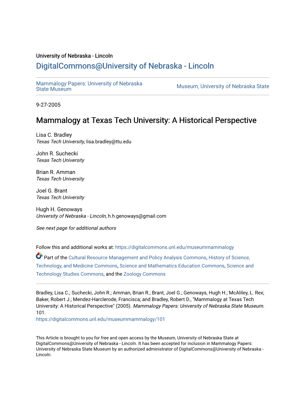 Mammalogy at Texas Tech University: a Historical Perspective