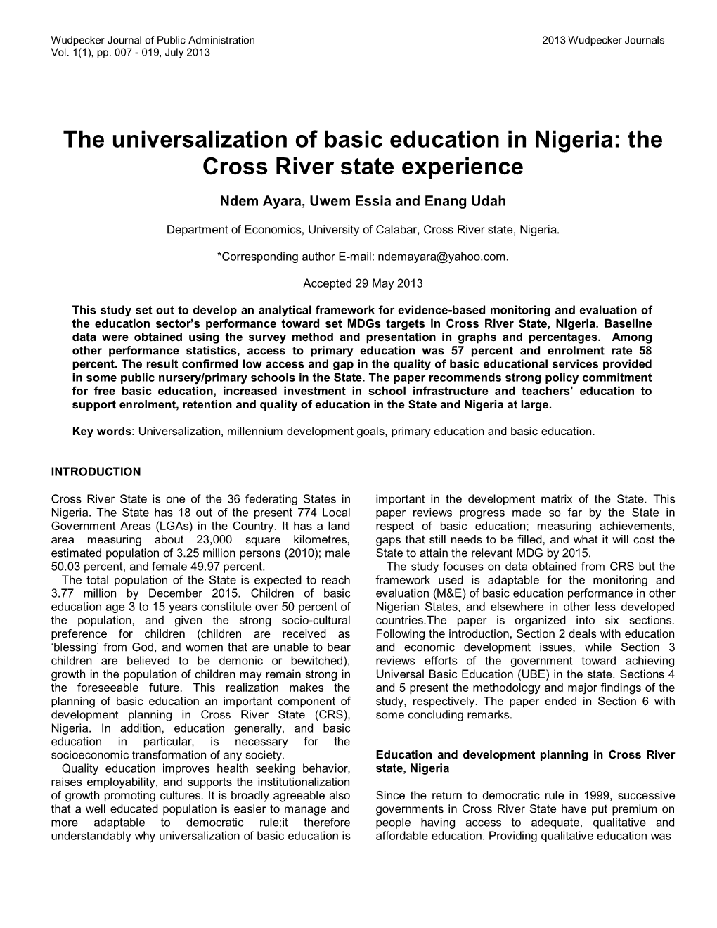 The Universalization of Basic Education in Nigeria: the Cross River State Experience