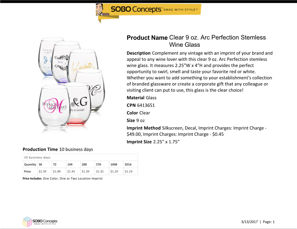 Product Name Clear 9 Oz. Arc Perfection Stemless Wine Glass