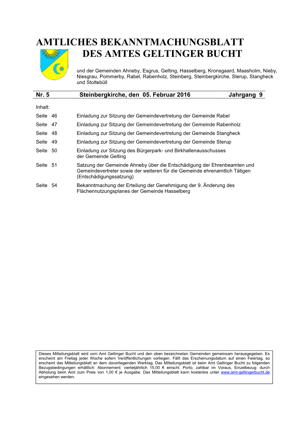 Amtliches Bekanntmachungsblatt Des Amtes Geltinger Bucht Nr. 05/2016