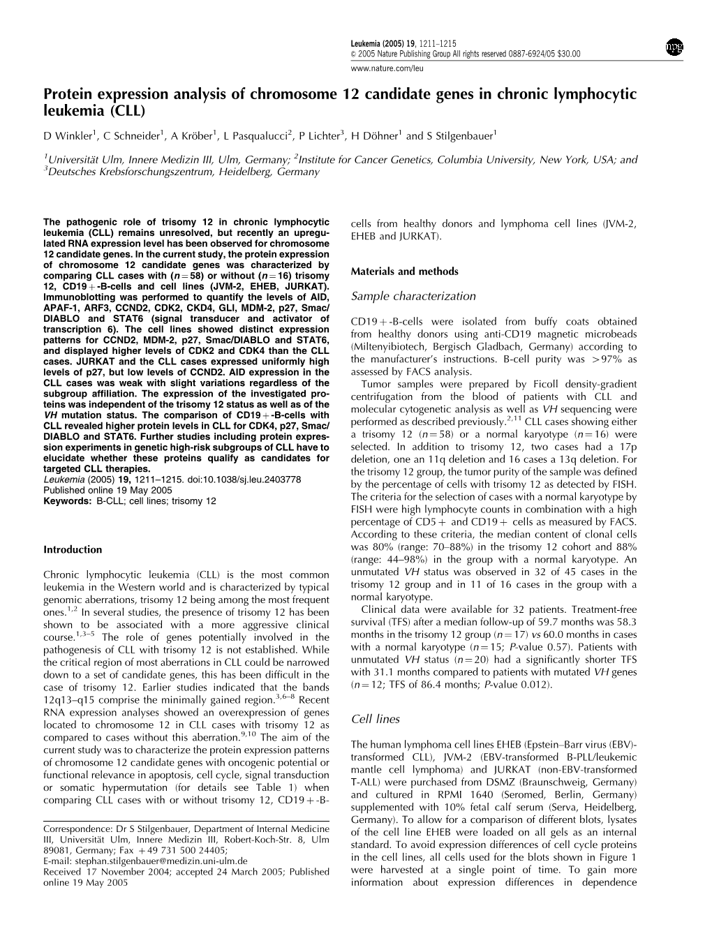 Protein Expression Analysis of Chromosome 12 Candidate Genes in Chronic Lymphocytic Leukemia (CLL)