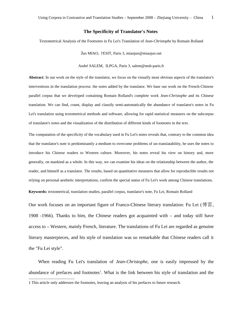 Lexicometrical Analysis of the Notes in Fu Lei's Translation of Jean