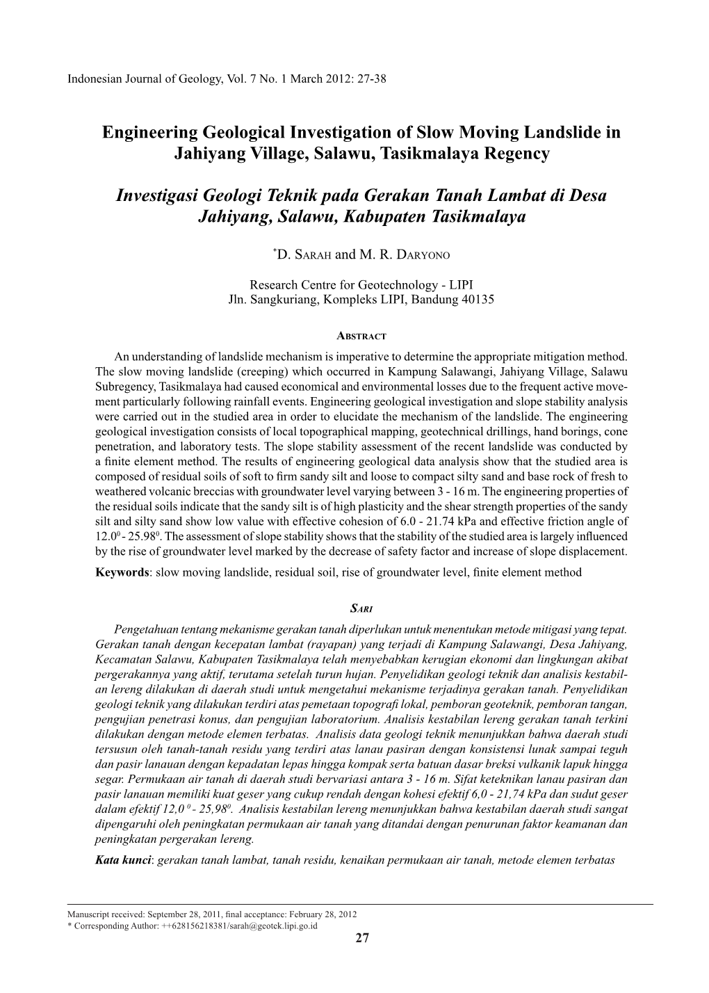 Engineering Geological Investigation of Slow Moving Landslide in Jahiyang Village, Salawu, Tasikmalaya Regency