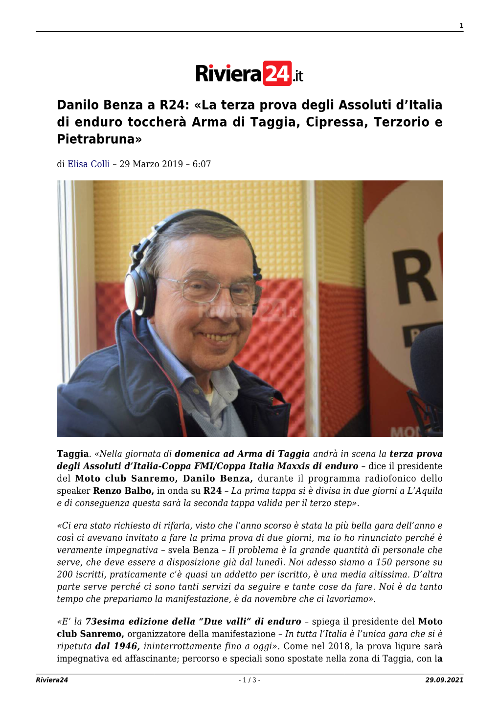 Danilo Benza a R24: «La Terza Prova Degli Assoluti D'italia Di Enduro Toccherà Arma Di Taggia, Cipressa, Terzorio E Pietrabr