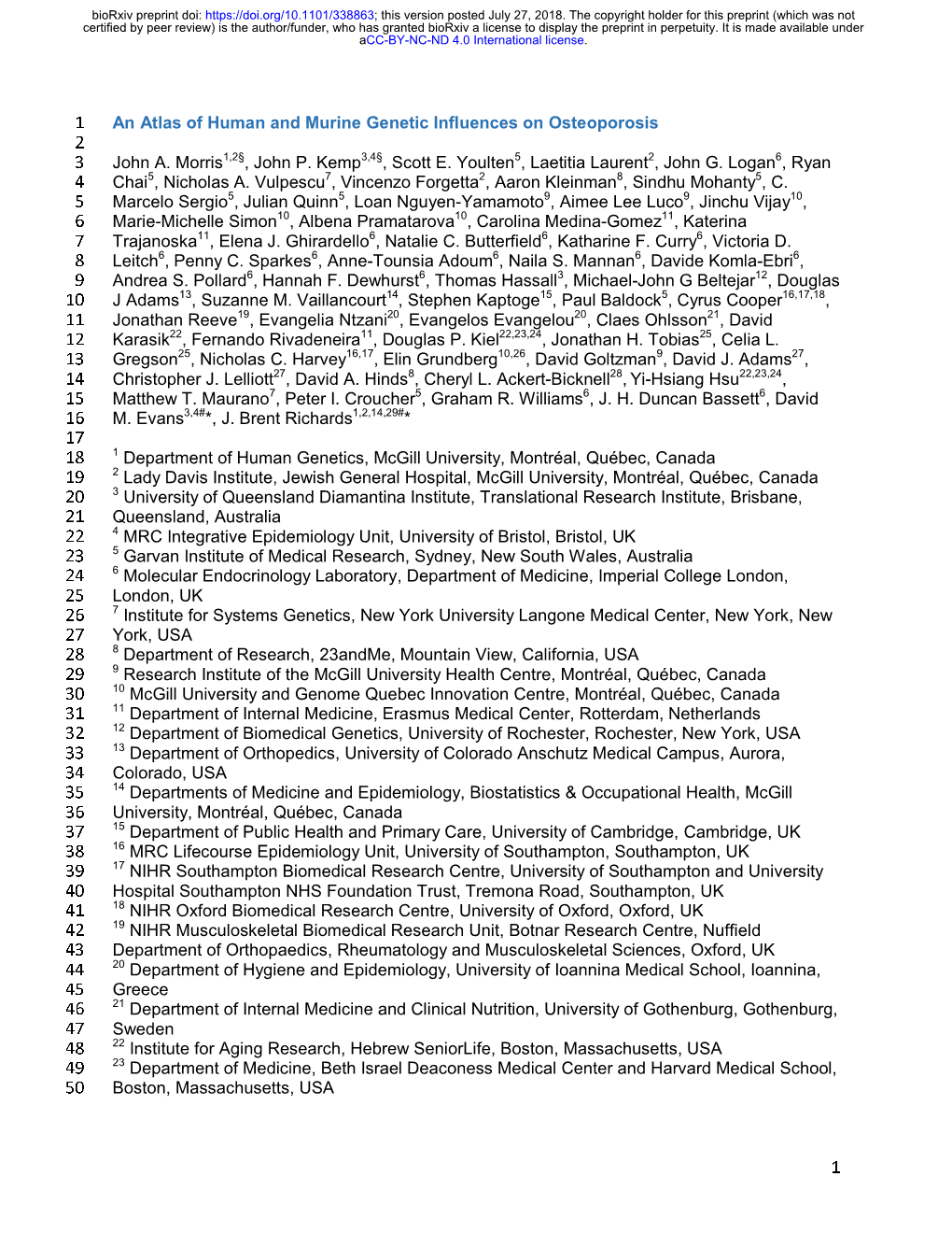 An Atlas of Human and Murine Genetic Influences on Osteoporosis 2 3 John A