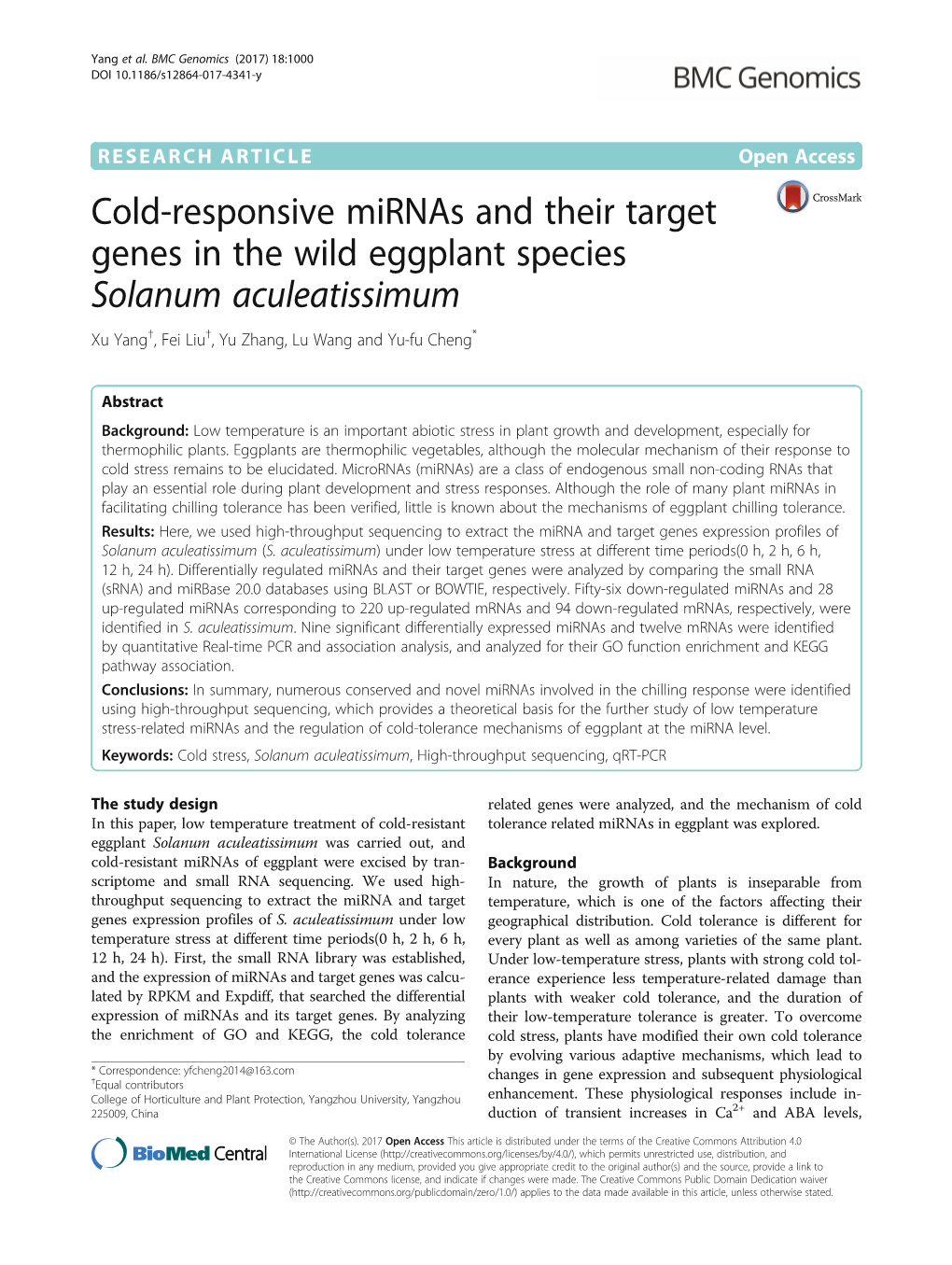 Cold-Responsive Mirnas and Their Target Genes in the Wild Eggplant Species Solanum Aculeatissimum