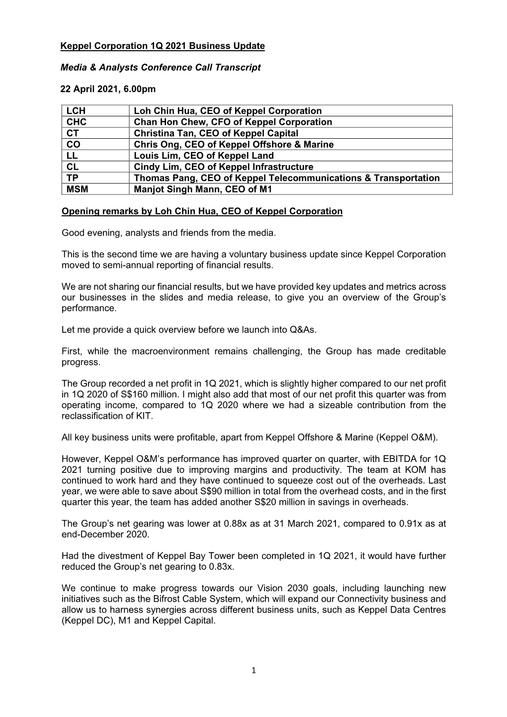 1 Keppel Corporation 1Q 2021 Business Update Media & Analysts