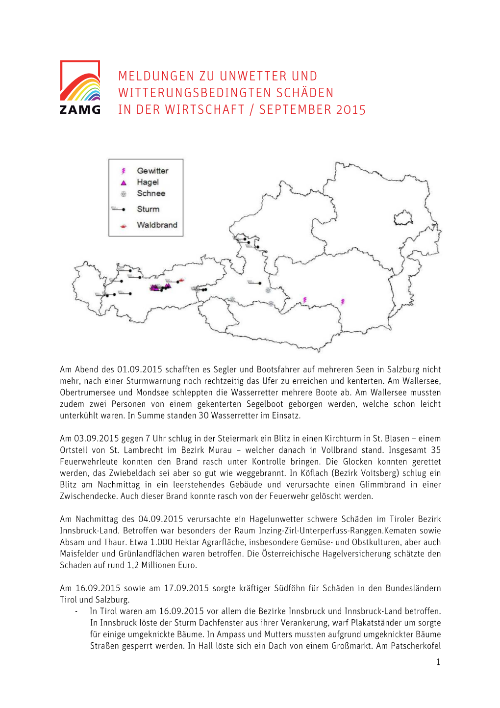 Meldungen Zu Unwetter Und Witterungsbedingten Schäden in Der Wirtschaft / September 201 5