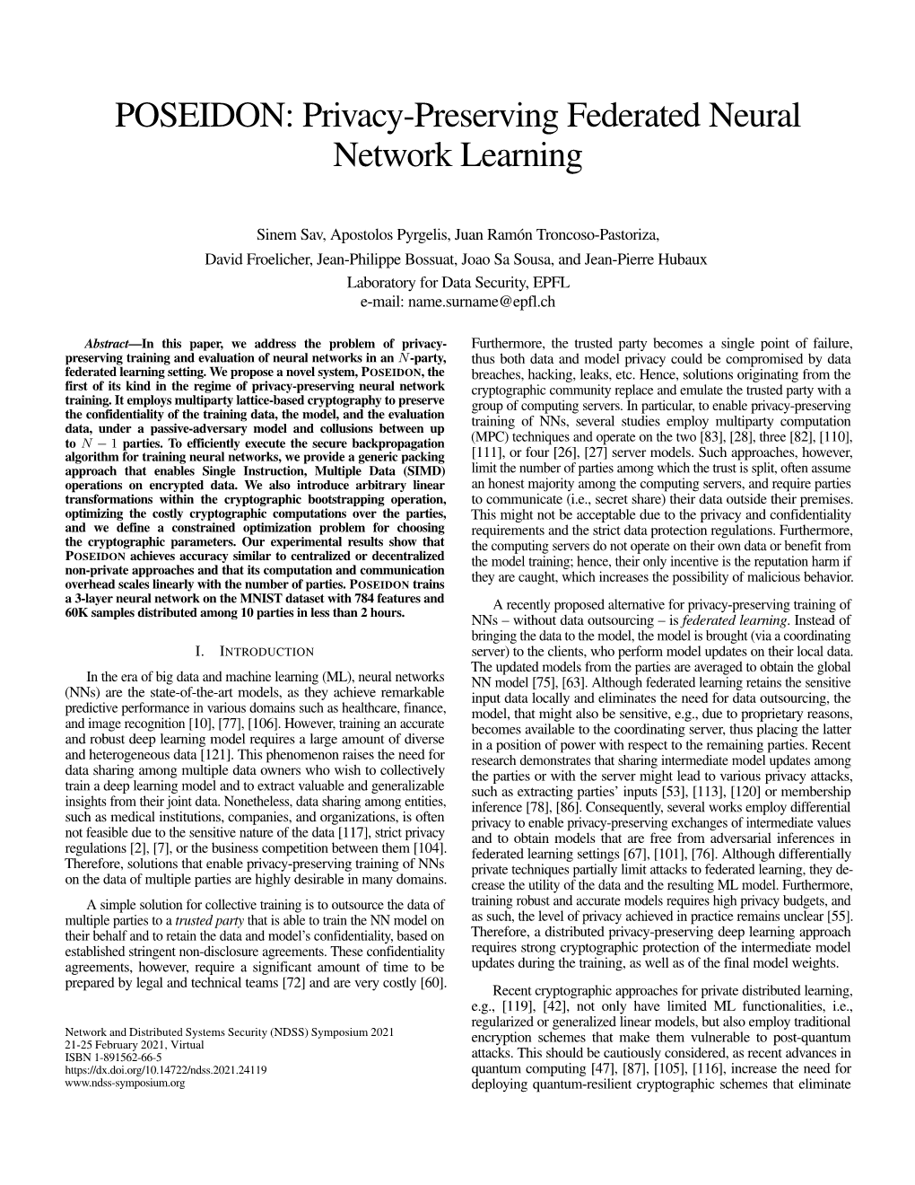 POSEIDON: Privacy-Preserving Federated Neural Network Learning