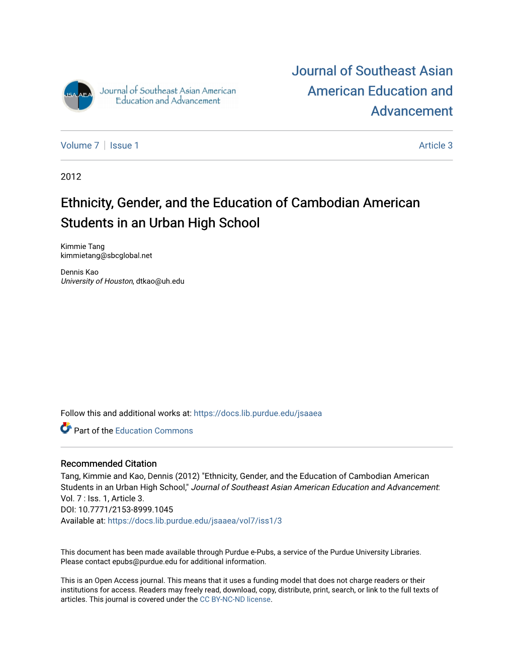 Ethnicity, Gender, and the Education of Cambodian American Students in an Urban High School