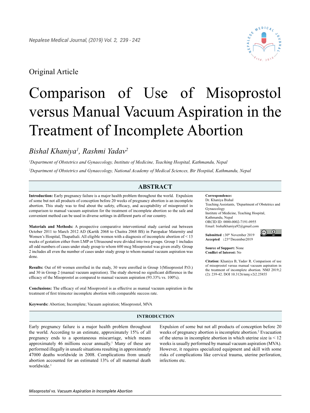 Comparison of Use of Misoprostol Versus Manual Vacuum Aspiration in the Treatment of Incomplete Abortion