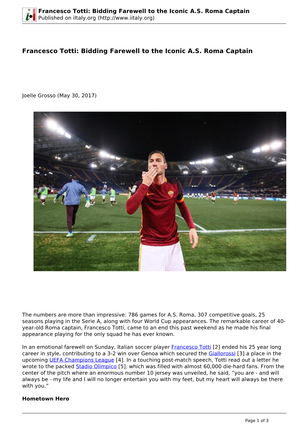 Francesco Totti: Bidding Farewell to the Iconic A.S. Roma Captain Published on Iitaly.Org (