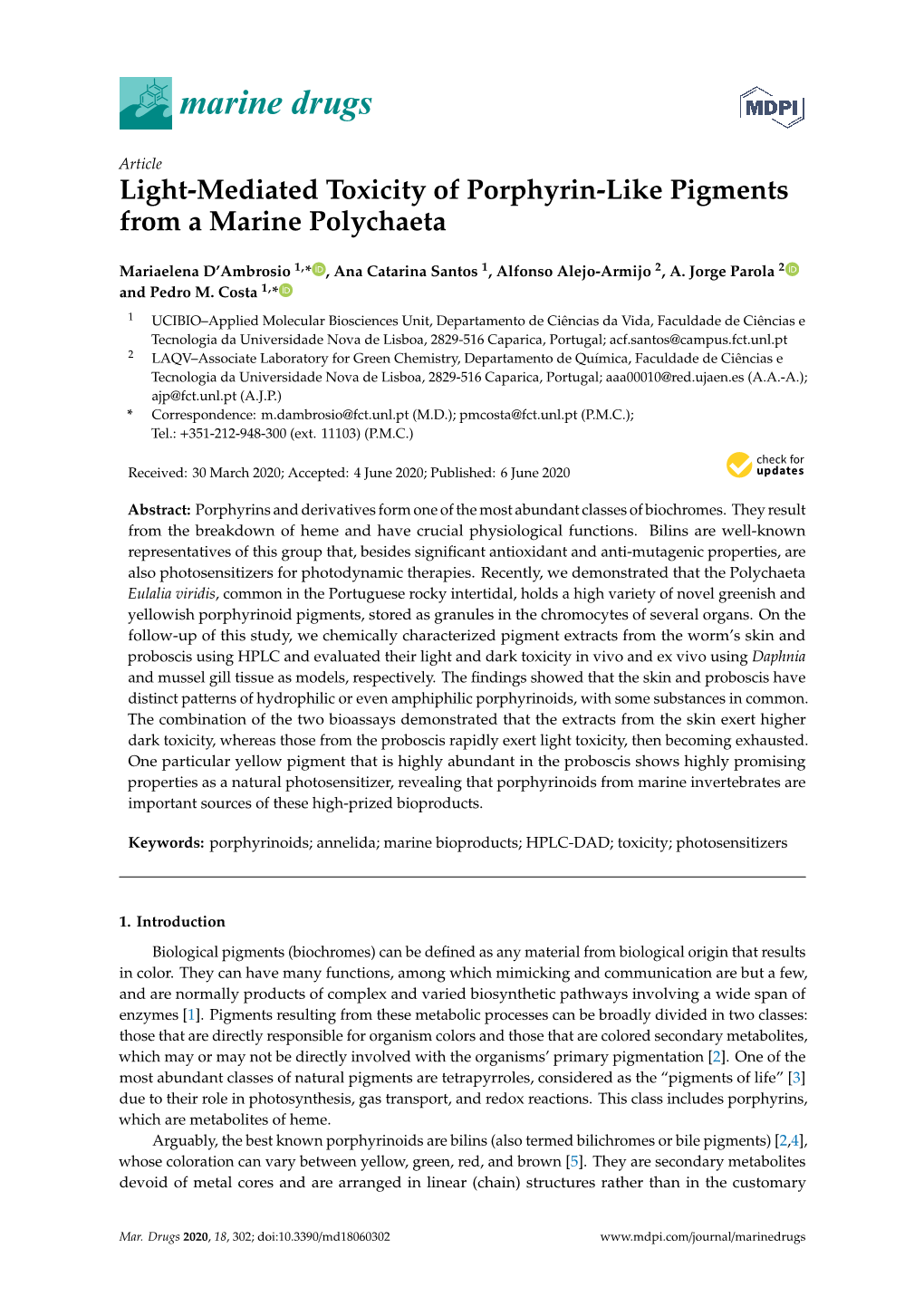 Light-Mediated Toxicity of Porphyrin-Like Pigments from a Marine Polychaeta