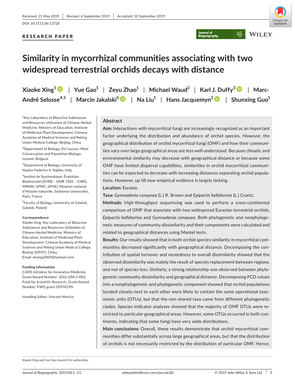 Similarity in Mycorrhizal Communities Associating with Two Widespread Terrestrial Orchids Decays with Distance