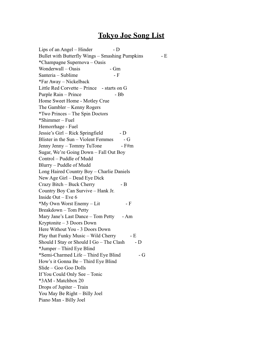 Tokyo Joe Song List