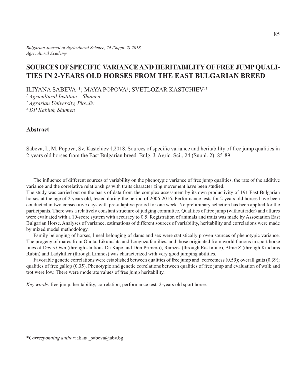 Sources of Specific Variance and Heritability of Free Jump Quali- Ties in 2-Years Old Horses from the East Bulgarian Breed