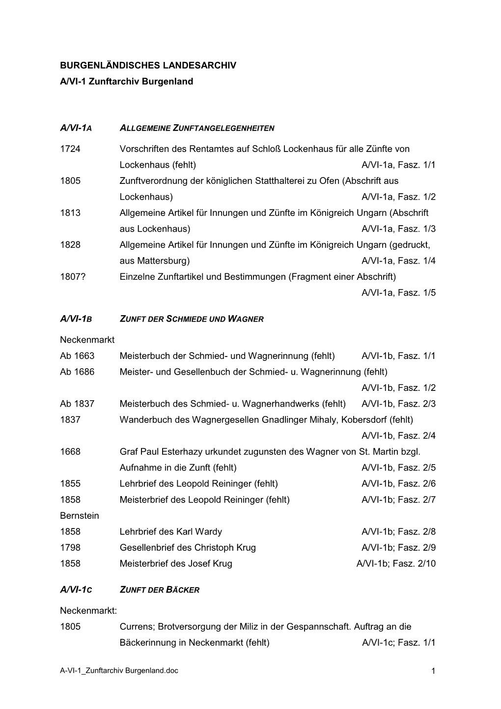 BURGENLÄNDISCHES LANDESARCHIV A/VI-1 Zunftarchiv Burgenland