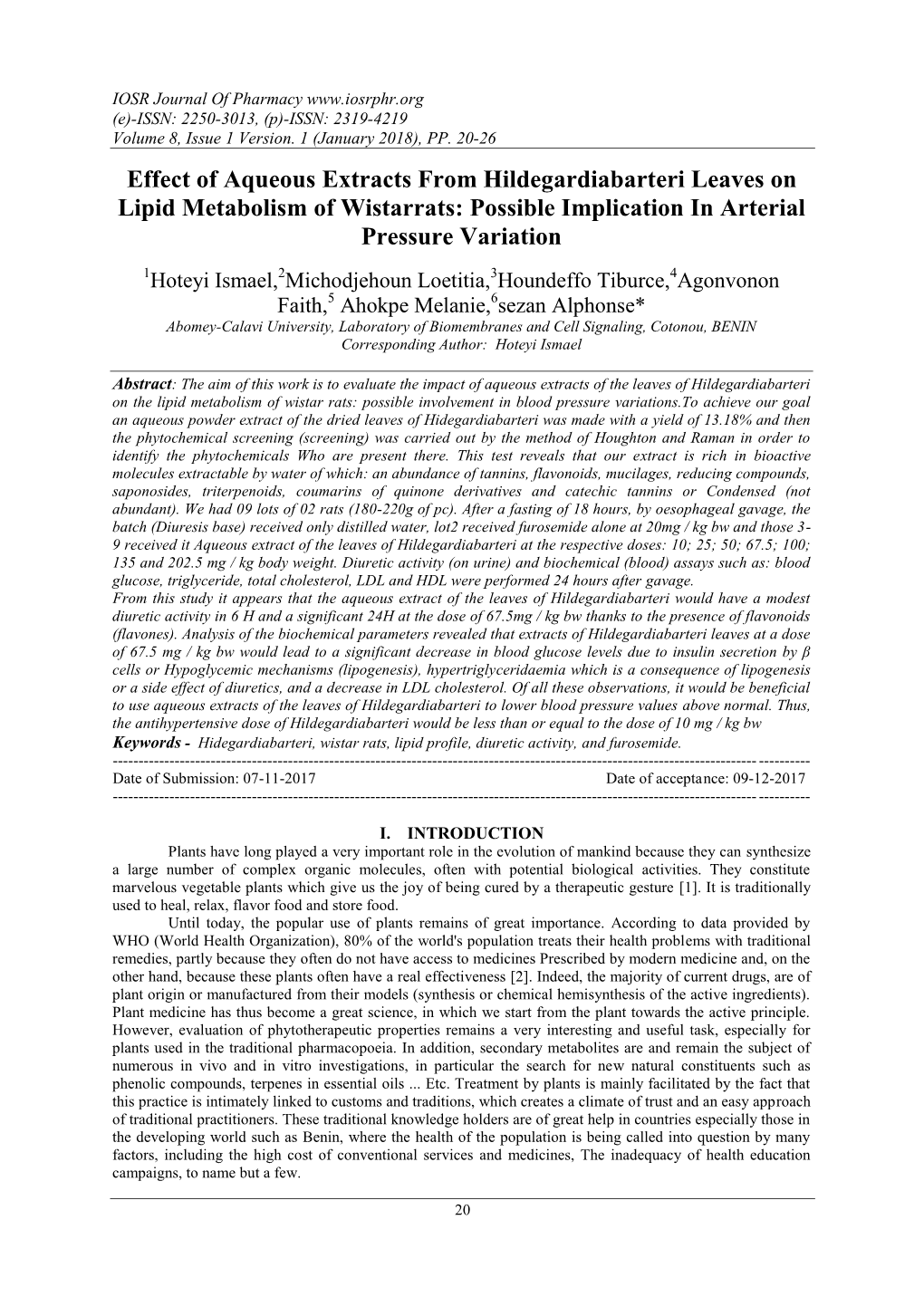 Effect of Aqueous Extracts from Hildegardiabarteri Leaves on Lipid Metabolism of Wistarrats: Possible Implication in Arterial Pressure Variation