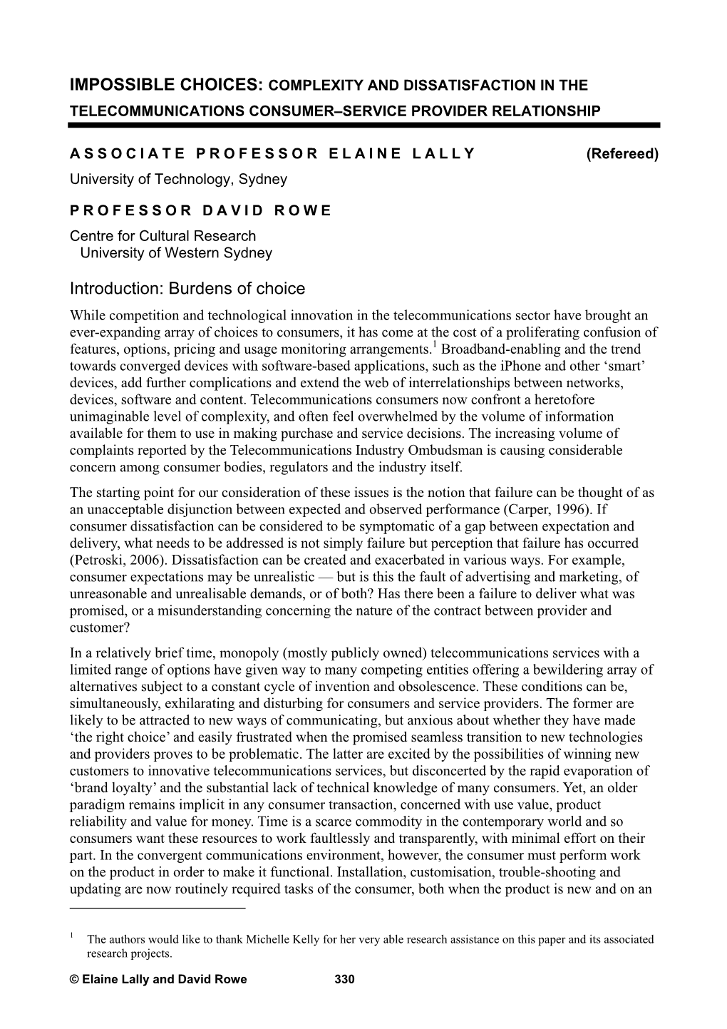 Impossible Choices: Complexity and Dissatisfaction in the Telecommunications Consumer–Service Provider Relationship