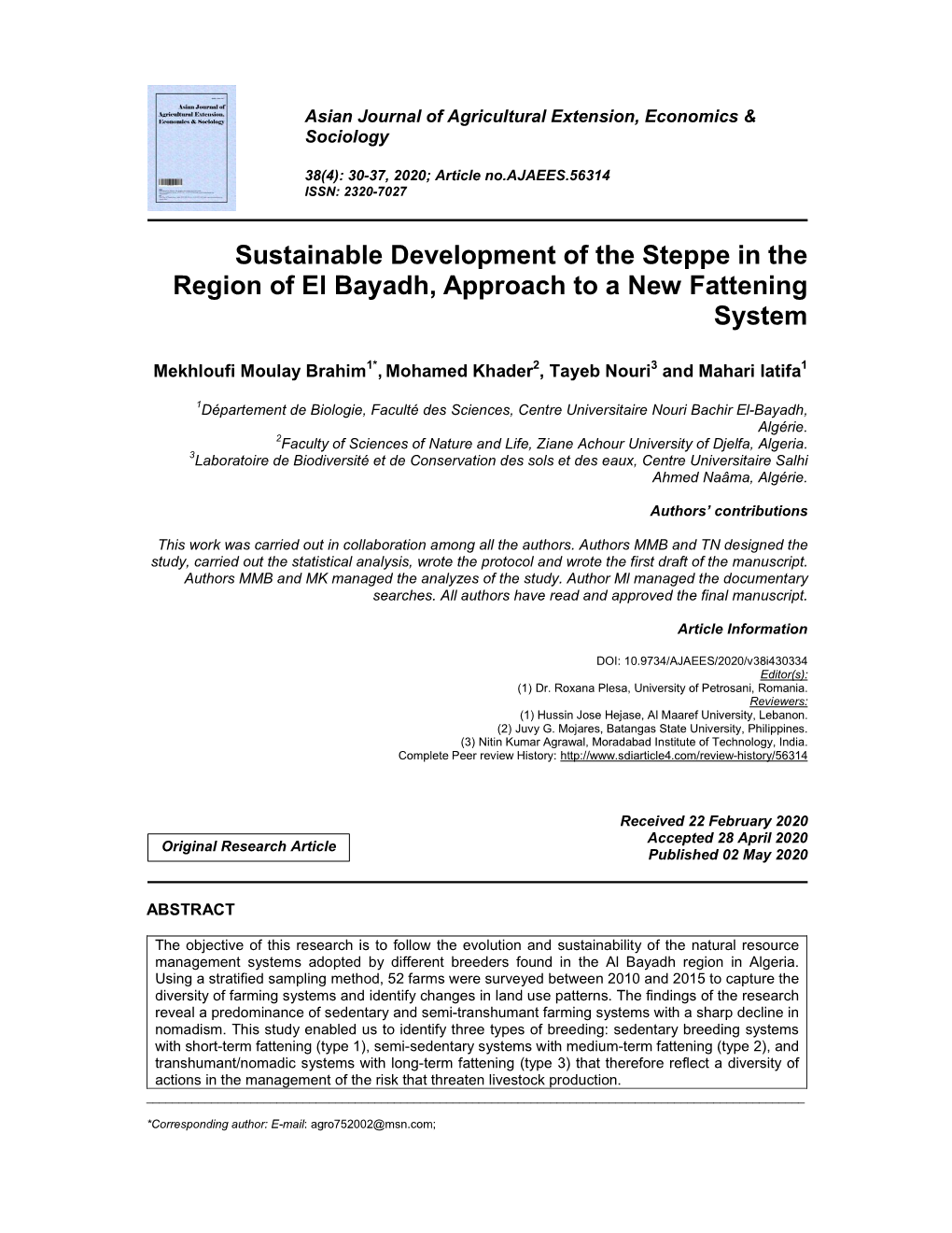 Sustainable Development of the Steppe in the Region of El Bayadh, Approach to a New Fattening System