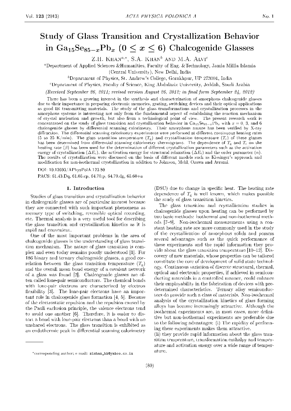 Study of Glass Transition and Crystallization Behavior in Ga15se85−Xpbx with X = 0, 3, and 6 Chalcogenide Glasses by DiErential Scanning Calorimetry