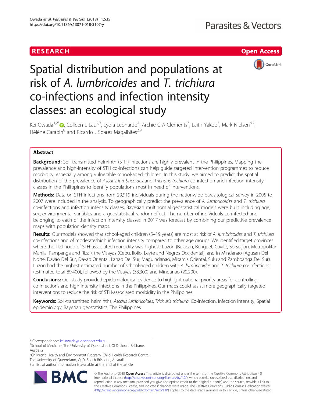 Spatial Distribution and Populations at Risk of A. Lumbricoides and T