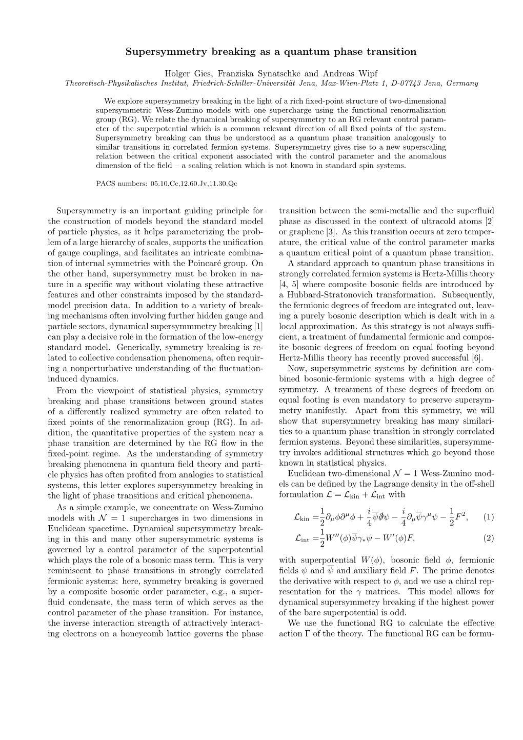 Supersymmetry Breaking As a Quantum Phase Transition